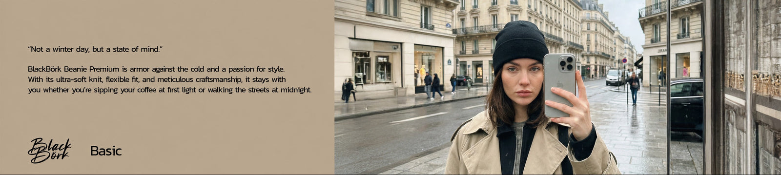 BlackBörk Beanie collection banner — black cuffed beanie worn on a city street