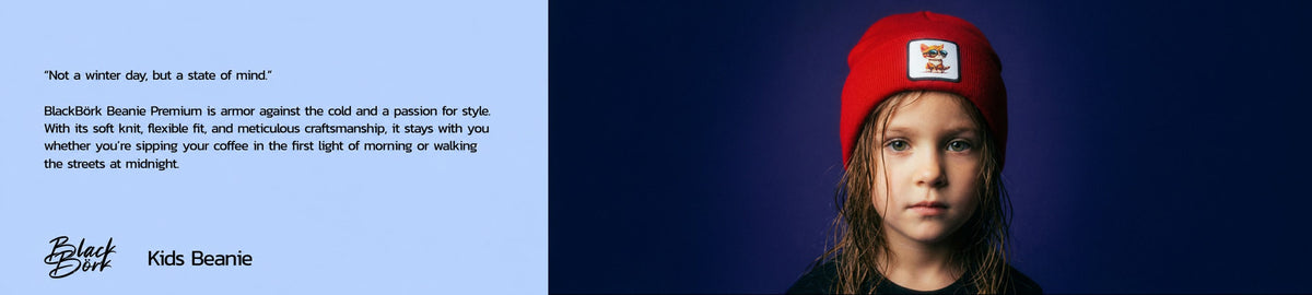 BlackBörk Kids collection banner — child wearing a red beanie with an interchangeable patch