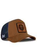 Camel & Navy Trucker Hat with Lion Patch - BlackBork