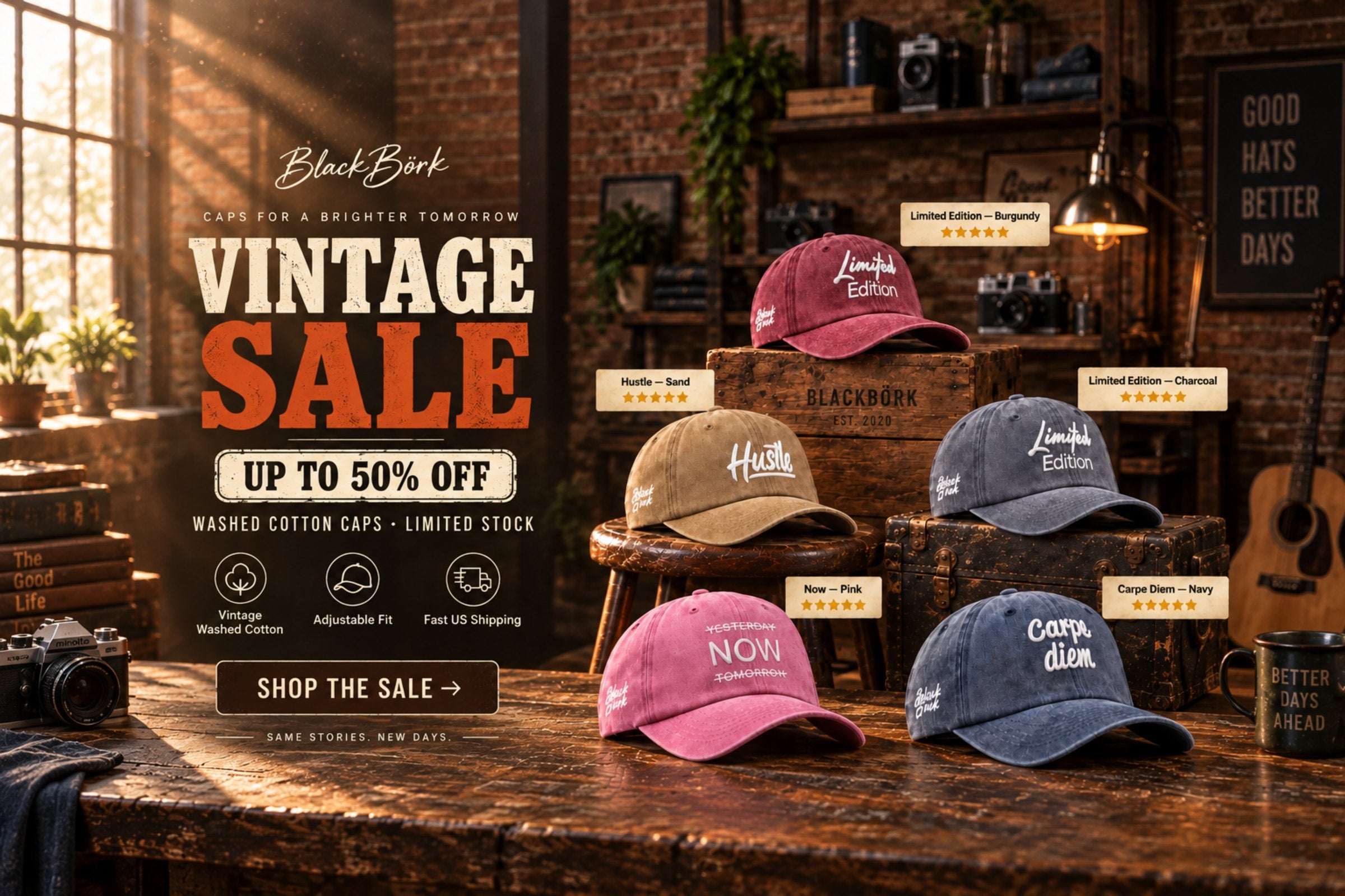 BlackBörk Vintage Sale: washed cotton caps, up to 50% off