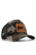 boss logolu kamuflaj- siyah trucker sapka