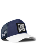 Cordura White & Navy Trucker Hat with It's Not A Game It's Life Patch - BlackBork