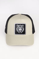 kaplan logolu bej-siyah trucker sapka