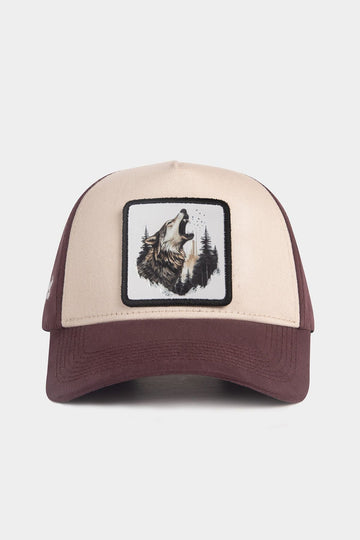Brown & Beige Baseball Cap with Forest Wolf Patch