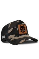 Camo & Black Trucker Hat with Wolf Patch - BlackBork