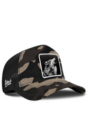 Camo & Black Trucker Hat with Wolf Patch - BlackBork