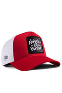 normal is boring logolu krmz-beyaz trucker sapka
