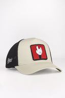 parmak logolu bej siyah trucker sapka