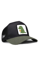 Khaki & Black Trucker Hat with Exhausted Dinosaur Patch - BlackBork