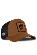 Camel & Black Trucker Hat with Wake Up Patch - BlackBork