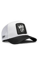 wake up logolu siyah-beyaz trucker sapka