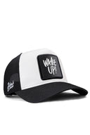 wake up logolu siyah-beyaz trucker sapka