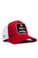 we have a problem logolu krmz-beyaz trucker sapka