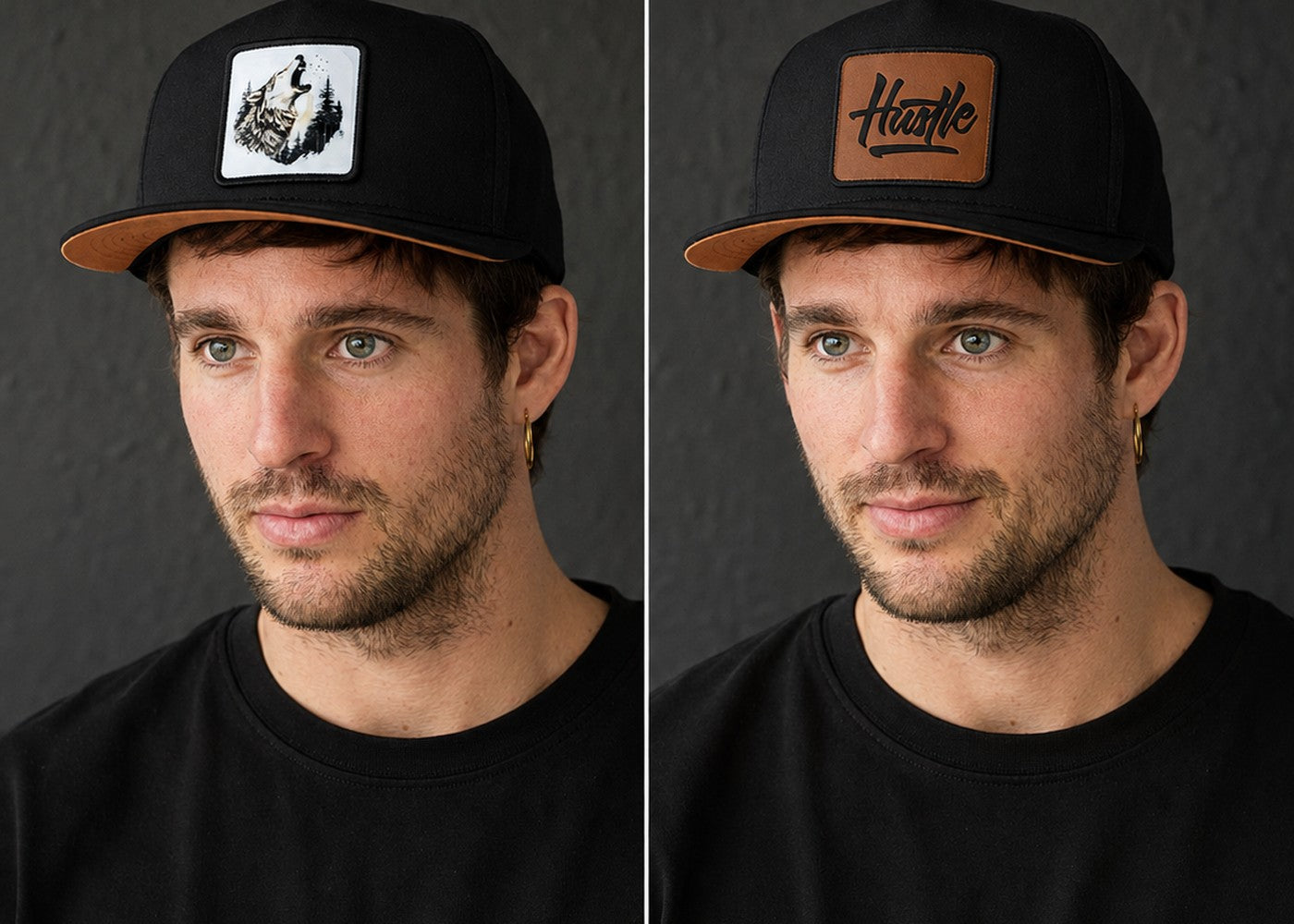 The same man wearing the same black BlackBork cap twice side by side, once with a wolf patch and once with a Hustle leather patch