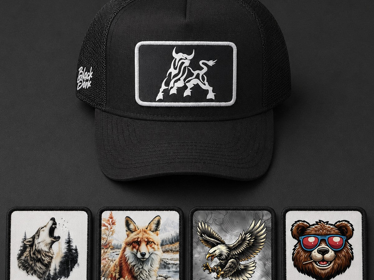 A black BlackBork cap shown with four animal patches: wolf, fox, eagle and bear