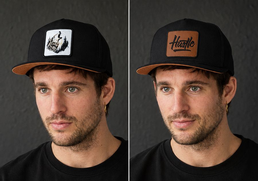 The same BlackBörk cap worn twice: a wolf patch on the left, a Hustle leather patch on the right